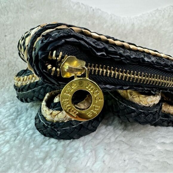 MudPie Clutch Flower Handbag Natural Woven Wheat Straw black Gold Accent Stripes - Picture 8 of 16